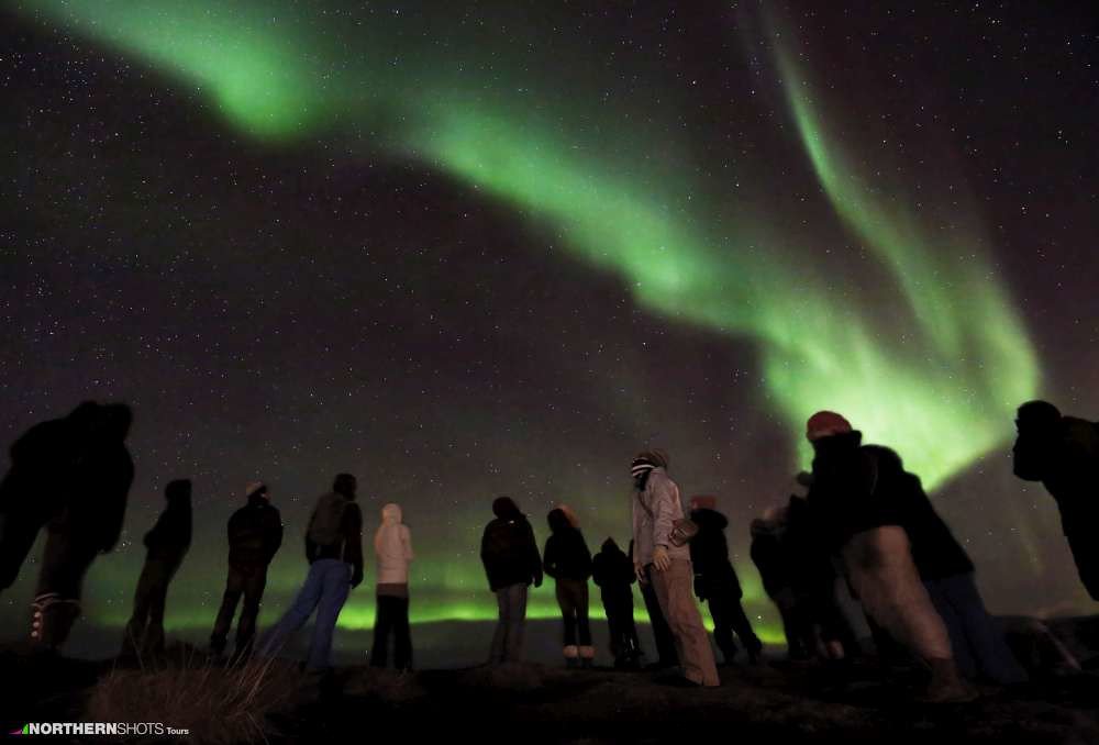 Group of visitors silhouetted under a clear night sky as vibrant Northern Lights move across the horizon.